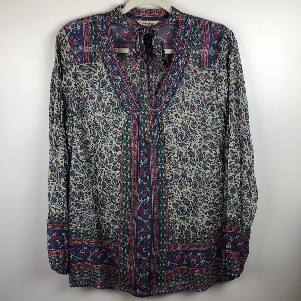 Lucky Brand Woodblock Boho Floral Sheer Tie Neck Blouse